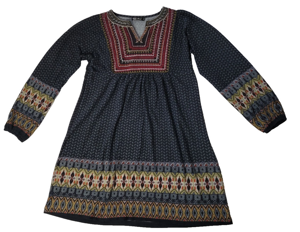 White Mark Womens M Black Embroidered Boho Long Sleeve Tunic Dress